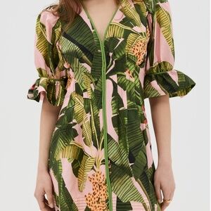 Farm Rio Pink Banana Leaves V Neck Mini Dress